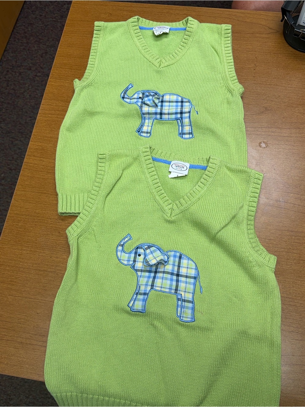 Talbots Lime Green Knit Vest with Plaid Elephant Applique